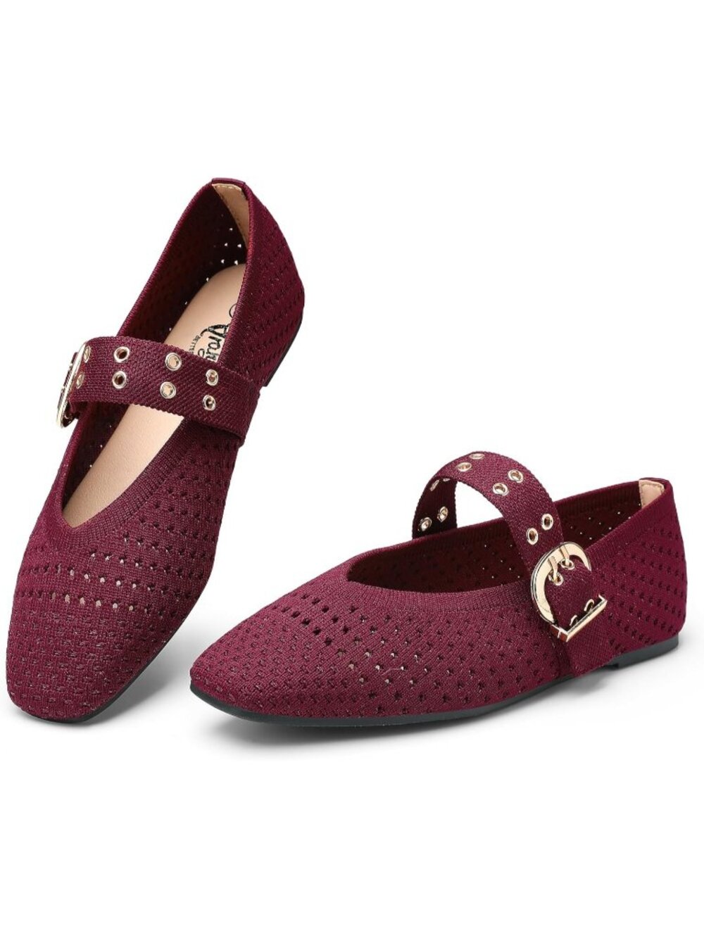 Women's Burgundy Square Toe Ballet Flats with Buckle Straps Mary Jane Shoes